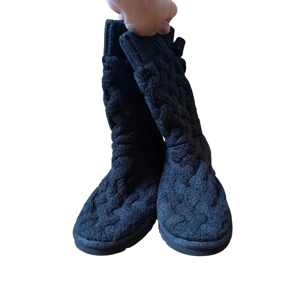 UGG Australia Cable Knit Boots Women Black Ribbon Bow Back SIZE 9